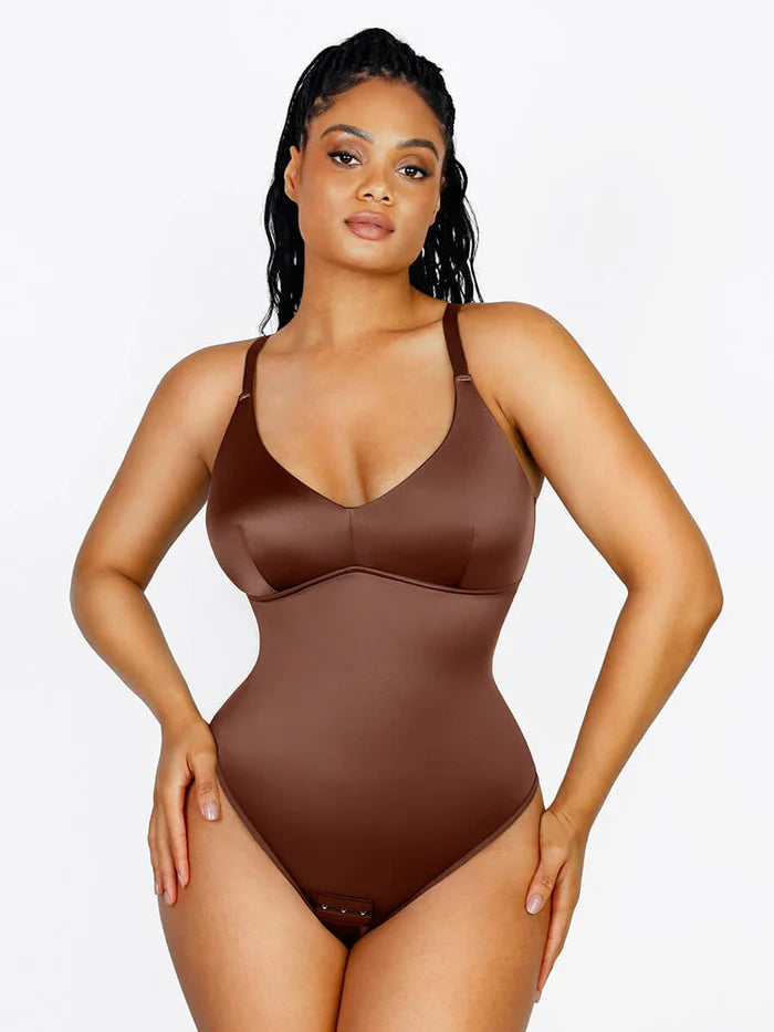 Satin Built-in Elastic Mesh Fabric Thong Bodysuit